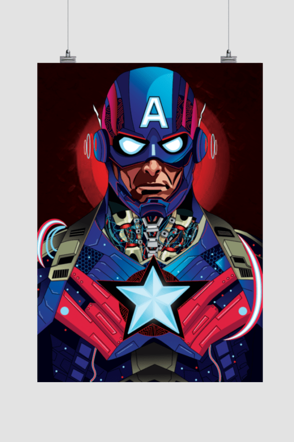 Captain America Cyberpunk Style Vector Poster | Marvel Superhero | Modern Aesthetic | Size A3